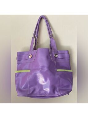 B Makowsky Purple Patten Leather Burbank Tote Bag with Green Accents NWT